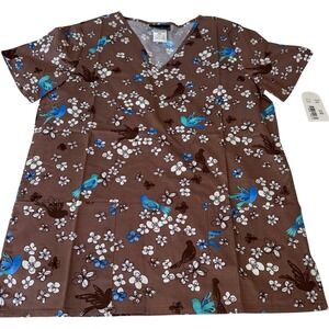 Cherokee Women Brown Bird Floral V-Neck Scrub Top 100 Cotton 1615C XS New